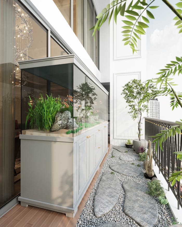 Stylish balcony with an aquarium and a stone path garden, blending indoor and outdoor design.